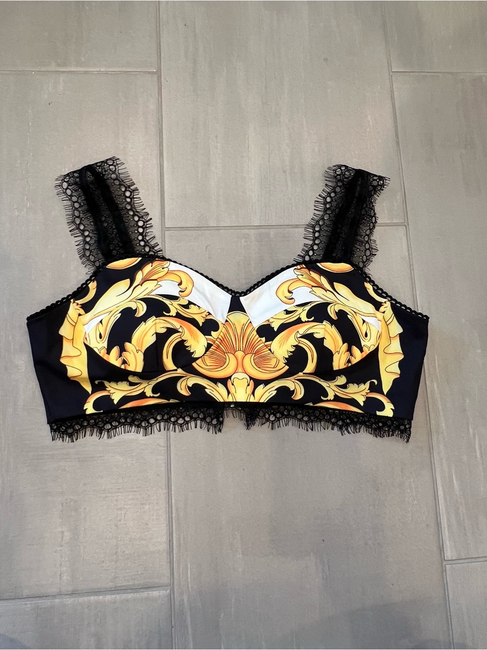 Baroque Print Lace Trim Bralette in Black and Gold